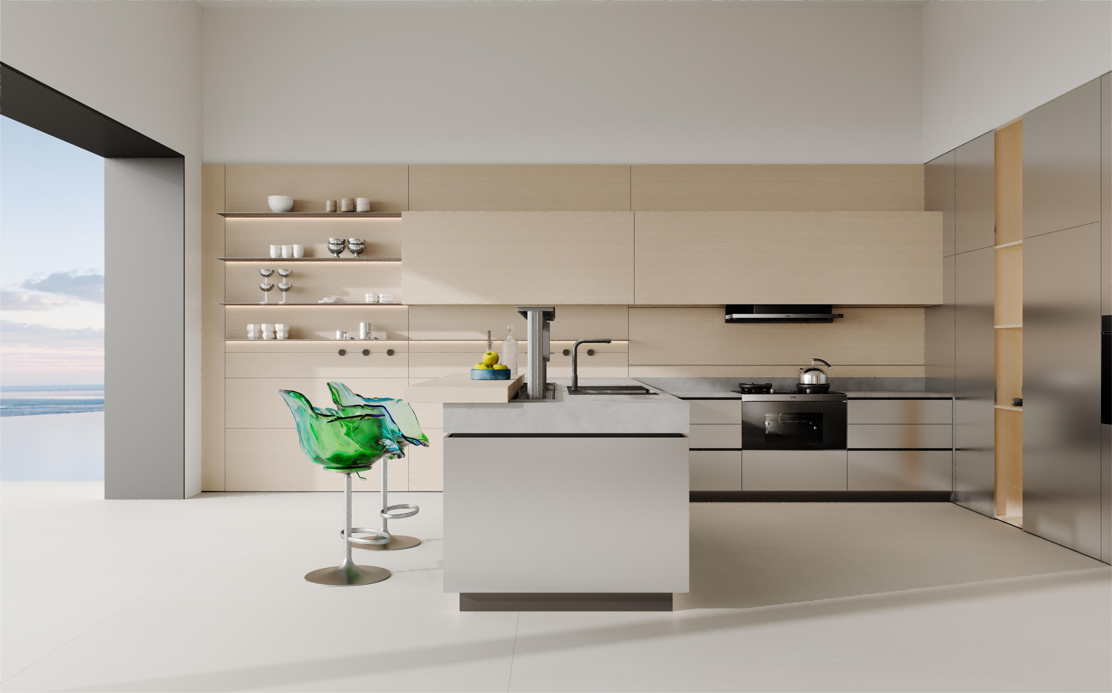 水与火的冷暖交织，构成生活的温度厨房的银灰流光与温润木纹交织，在柜体氛围灯照射中，科技感与自然气息共鸣